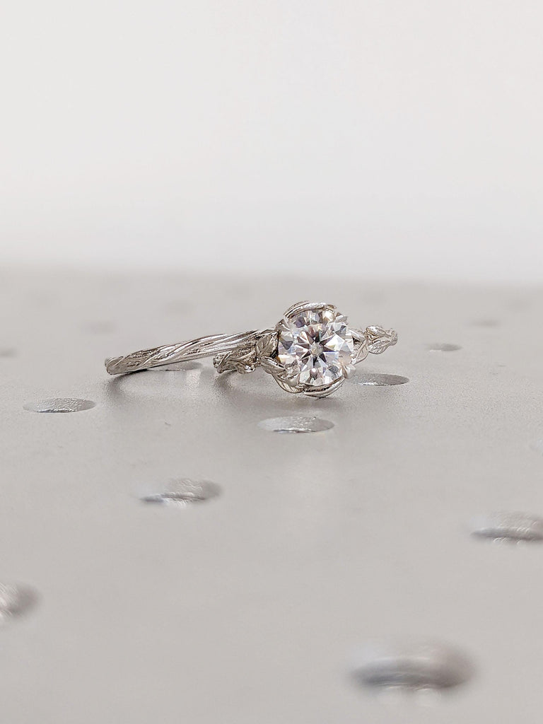 Round Lab Grown Diamond Solitaire Nature Inspired Engagement Ring Set | Stacking Ring | Solid White Gold Twig Ring | Rustic Wedding Ring