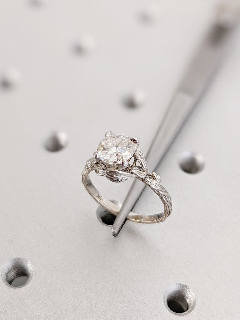 Round cut Moissanite Solitaire Ring | Nature Inspired Engagement Ring | Solid White Gold Twig Ring | Rustic Wedding Ring | Leaf Ring