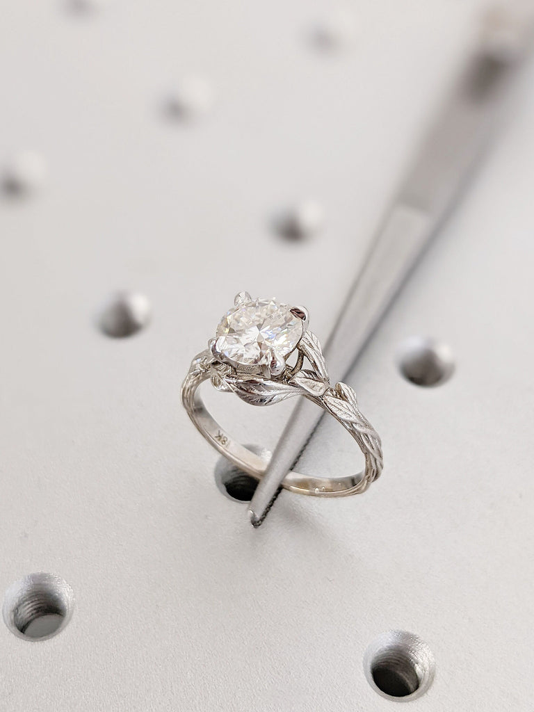 Round cut Moissanite Solitaire Ring | Nature Inspired Engagement Ring | Solid White Gold Twig Ring | Rustic Wedding Ring | Leaf Ring