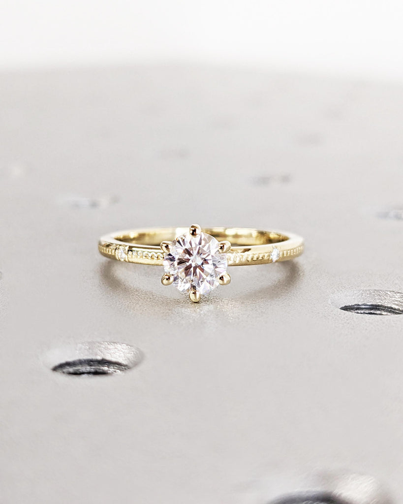 Vintage Inspired Beaded Engagement Ring, Solitaire Round Moissanite Ring, 14K Gold Diamond Accent Wedding Ring, Unique Filigree Wedding Ring