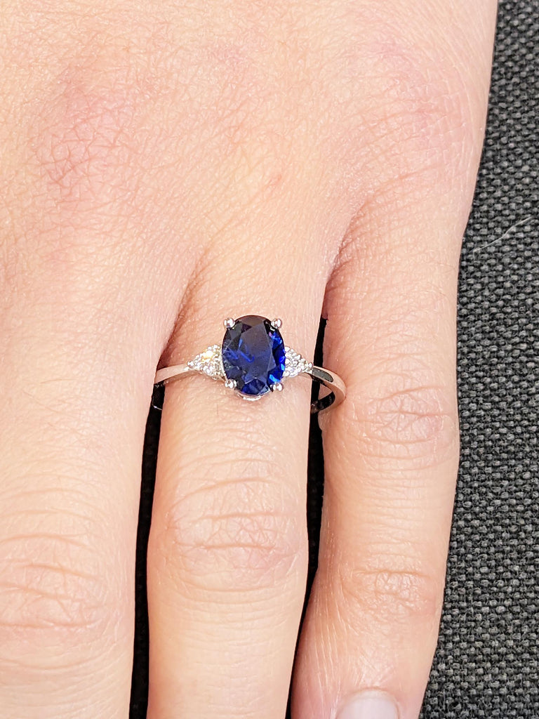 Vintage Blue Sapphire Ring | Oval Engagement Ring | Platinum Diamond or Moissanite Wedding Ring | Unique Sapphire Jewelry | Lab Sapphire image #3