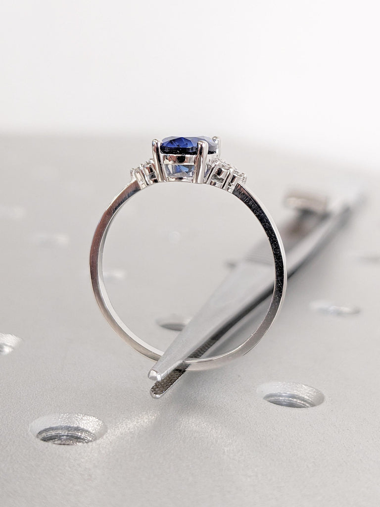 Vintage Blue Sapphire Ring | Oval Engagement Ring | Platinum Diamond or Moissanite Wedding Ring | Unique Sapphire Jewelry | Lab Sapphire image #7