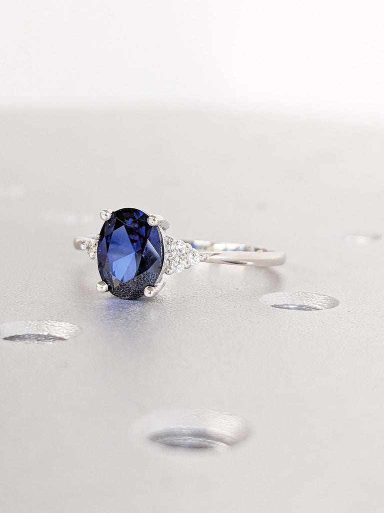 Vintage Blue Sapphire Ring | Oval Engagement Ring | Platinum Diamond or Moissanite Wedding Ring | Unique Sapphire Jewelry | Lab Sapphire