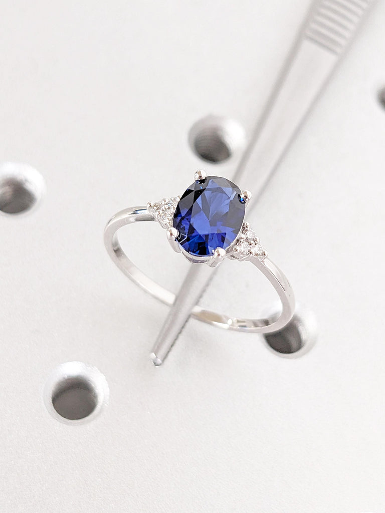 Vintage Blue Sapphire Ring | Oval Engagement Ring | Platinum Diamond or Moissanite Wedding Ring | Unique Sapphire Jewelry | Lab Sapphire