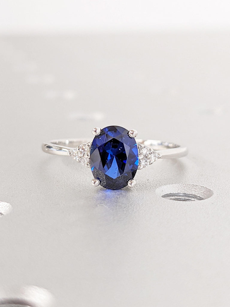 Vintage Blue Sapphire Ring | Oval Engagement Ring | Platinum Diamond or Moissanite Wedding Ring | Unique Sapphire Jewelry | Lab Sapphire