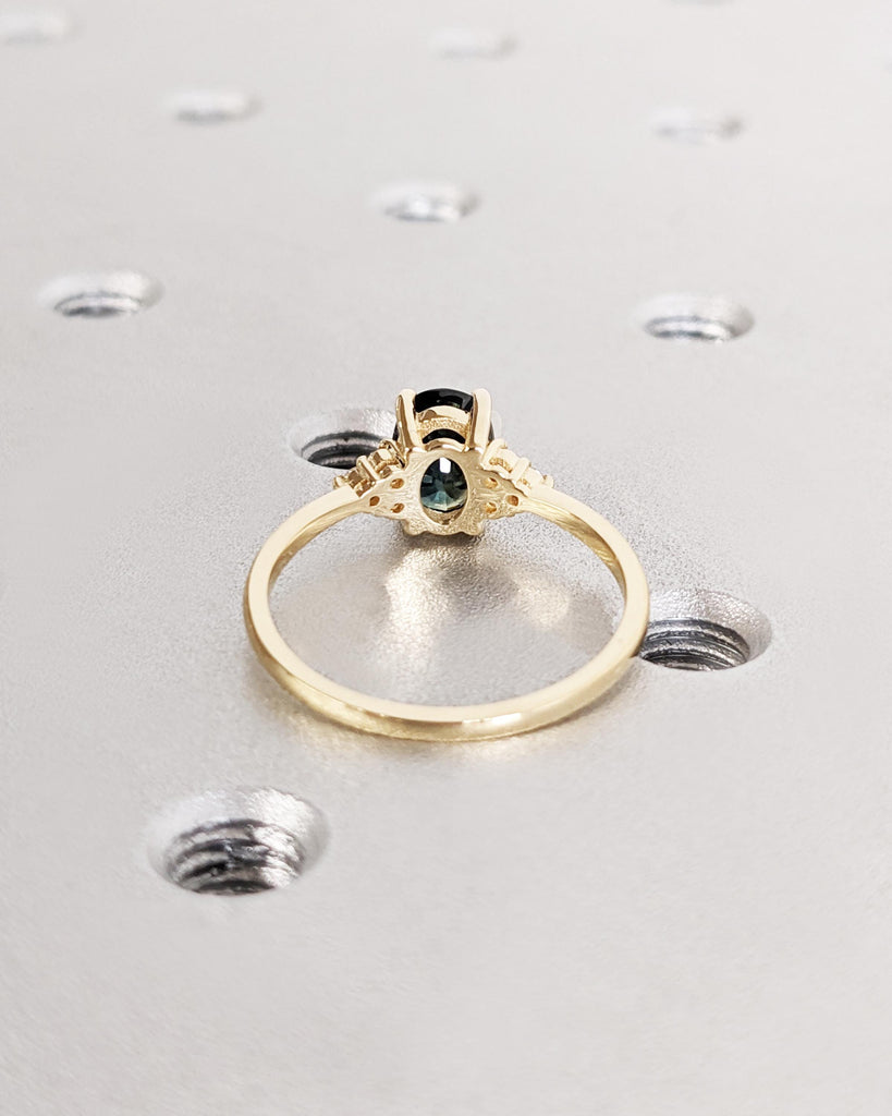 Vintage Teal Sapphire Engagement Ring Oval Cut | Antique Yellow Gold Peacock Sapphire Wedding Ring | Round Diamond Cluster Anniversary Ring