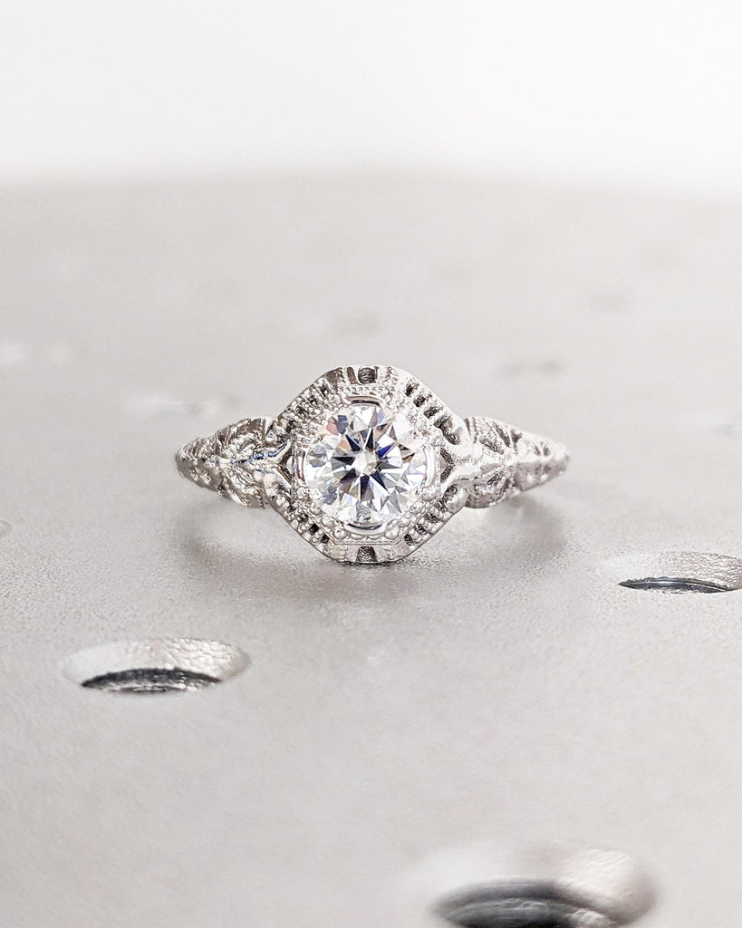 Nature Inspired Round VVS Moissanite Engagement Ring | Woman Bridal Ring | Unique Ring | Floral Ring Inspired White Gold Ring | 14k 18k Gold