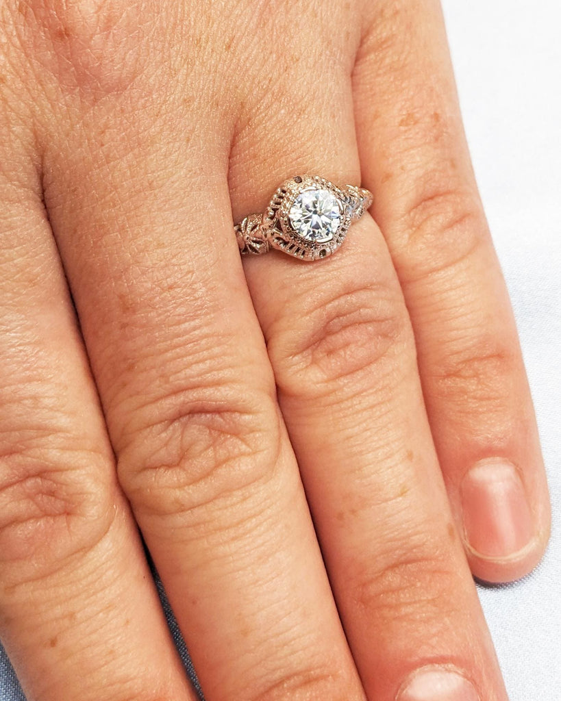 Real White Gold Round Lab Created Diamond Vintage Engagement Ring | VVS Simulant Diamond Promise Ring | Unique Antique Style Filigree Ring