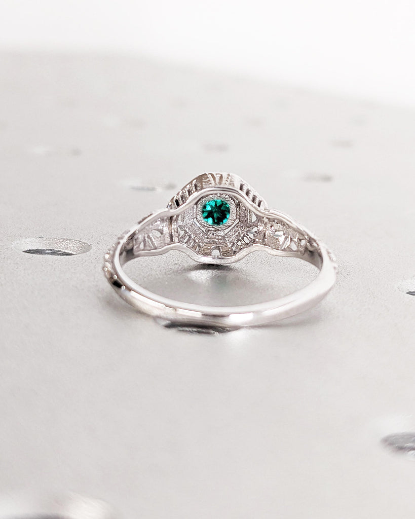 Unique Lab Emerald Engagement Ring | Filigree 14k White Gold Ring | Vintage Promise Ring for Her | Art Deco Wedding Ring | Anniversary Gift