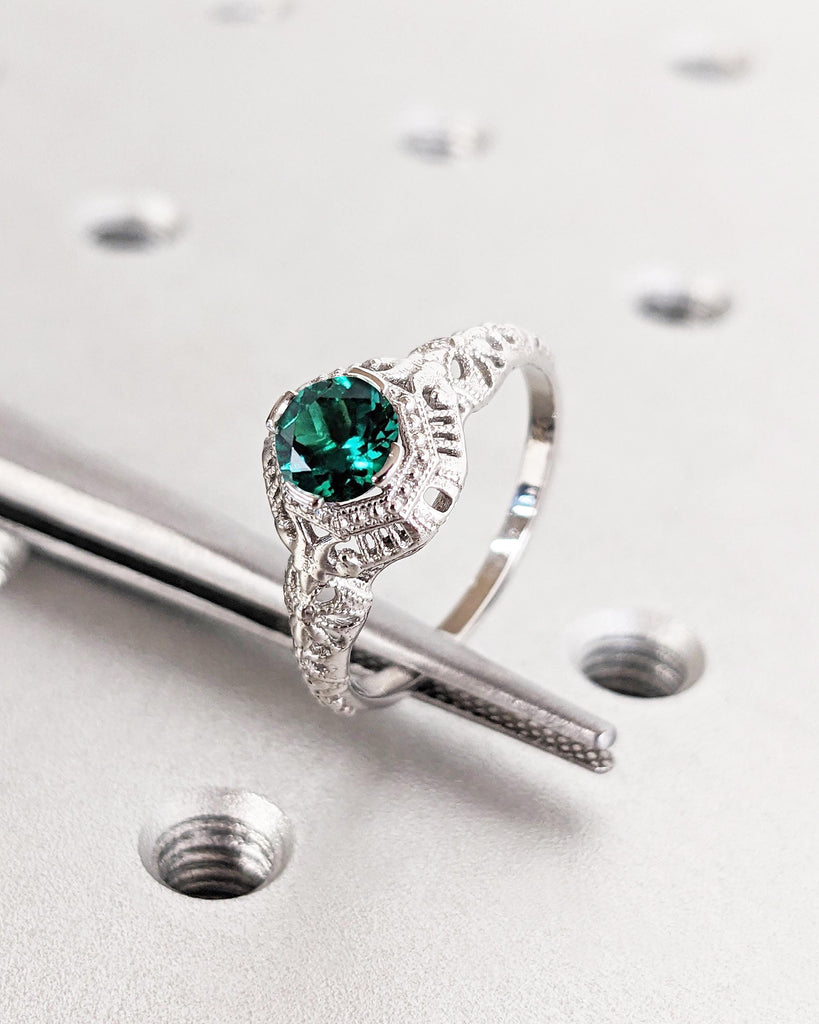 Art Deco Lab Emerald Engagement Ring | Dainty 14k White Gold Ring | Filigree Anniversary Ring | Vintage Statement Ring | Unique Antique Ring