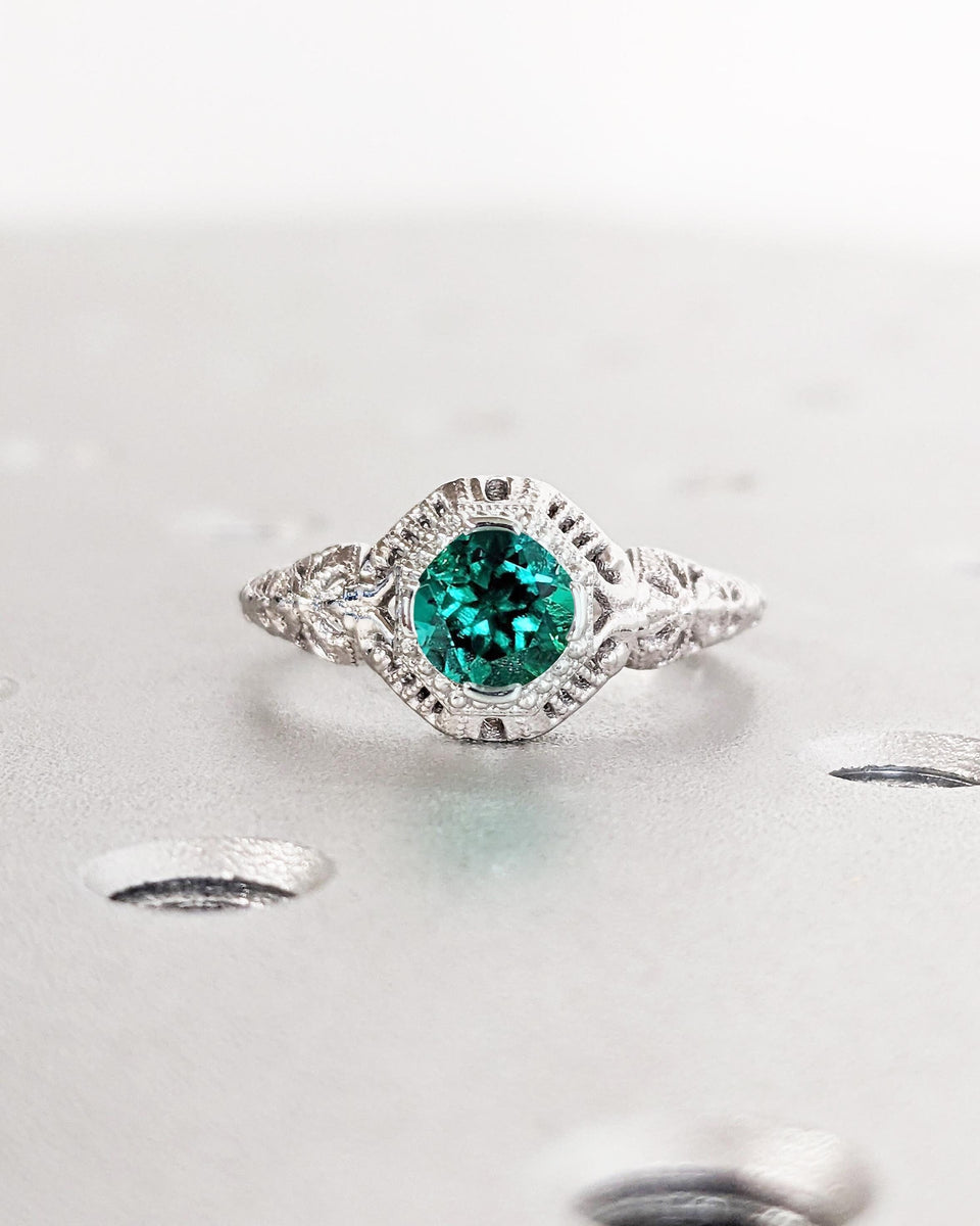 Antique Style Art Nouveau Filigree Ring / Unique Lab Emerald Engagemen ...