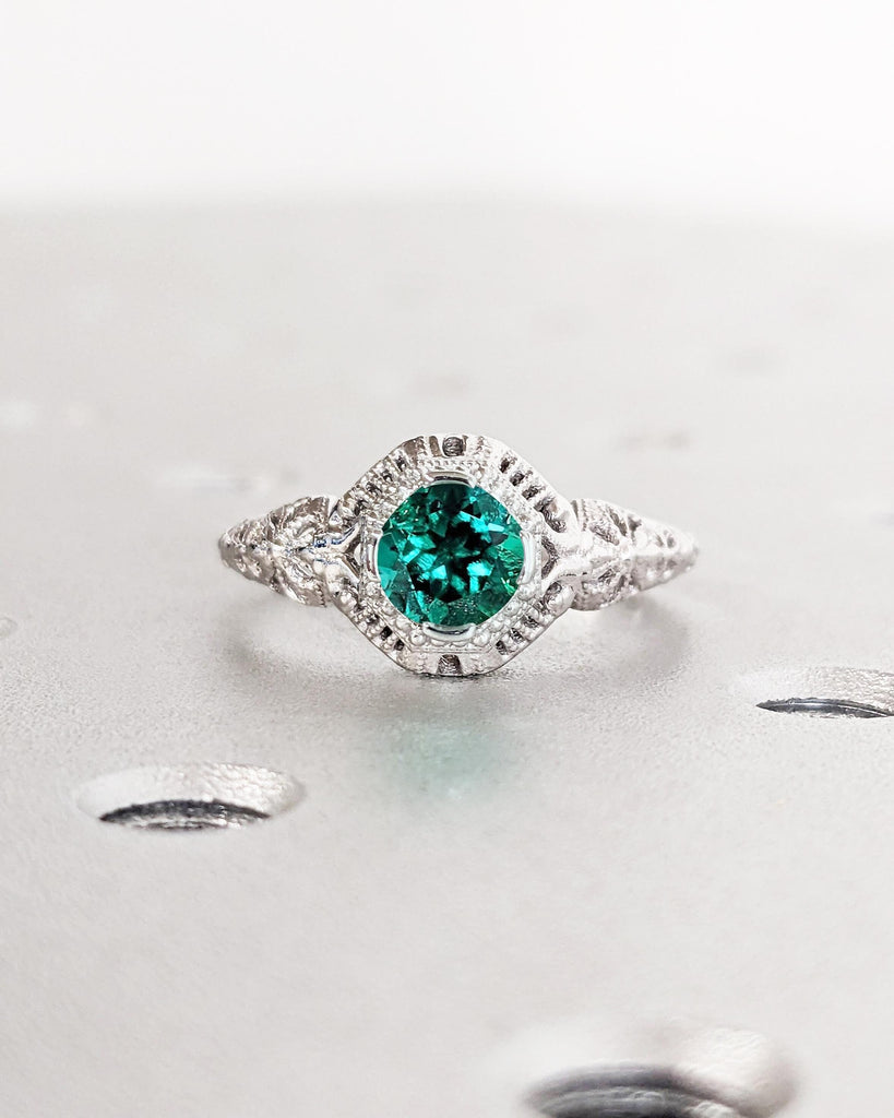 Unique Lab Emerald Engagement Ring | Filigree 14k White Gold Ring | Vintage Promise Ring for Her | Art Deco Wedding Ring | Anniversary Gift