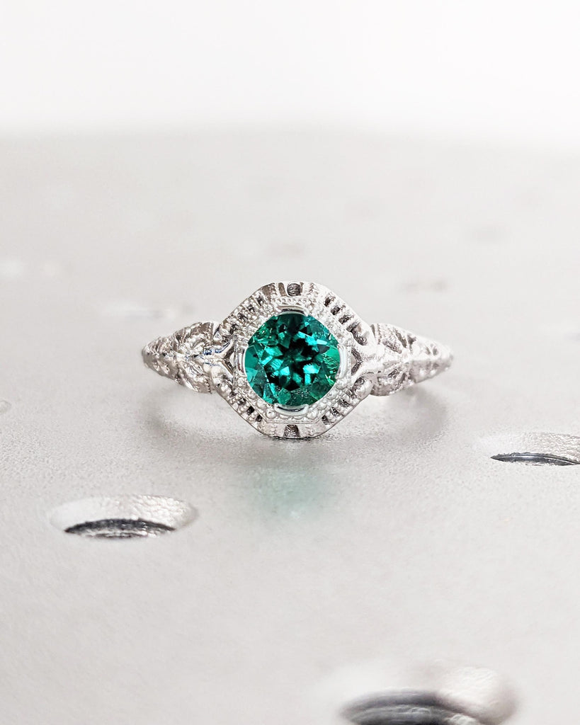 Art Deco Lab Emerald Engagement Ring | Dainty 14k White Gold Ring | Filigree Anniversary Ring | Vintage Statement Ring | Unique Antique Ring