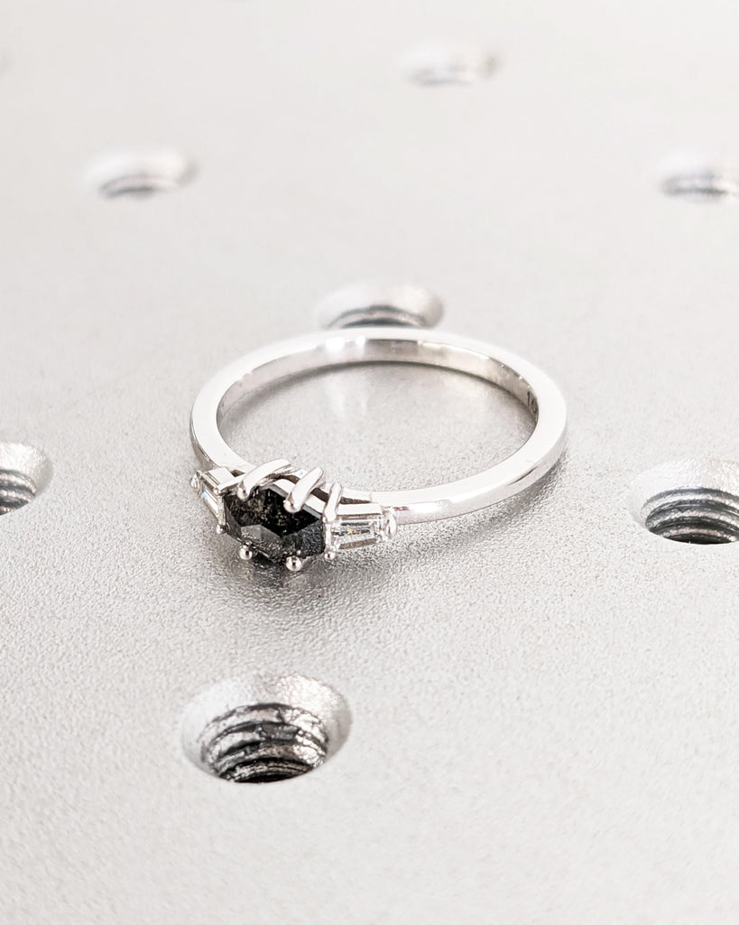 Dainty Salt and Pepper Black Diamond Wedding Anniversary Ring for Wife | Solid Gold, Platinum Unique Proposal Ring | Hexagon Diamond Ring