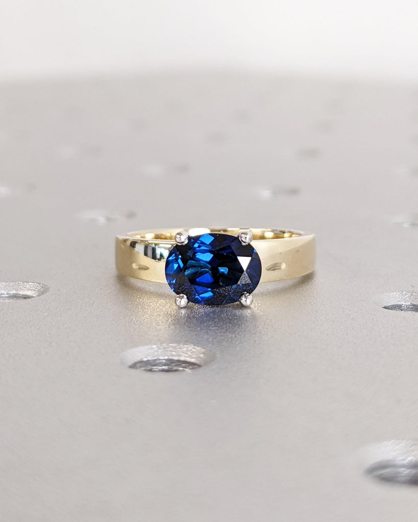 1ct Oval cut Lab Grown Sapphire Wedding Anniversary Ring for Wife | September Birthstone Gift | Plain Gold Band | 14K White, Yellow Gold Ring