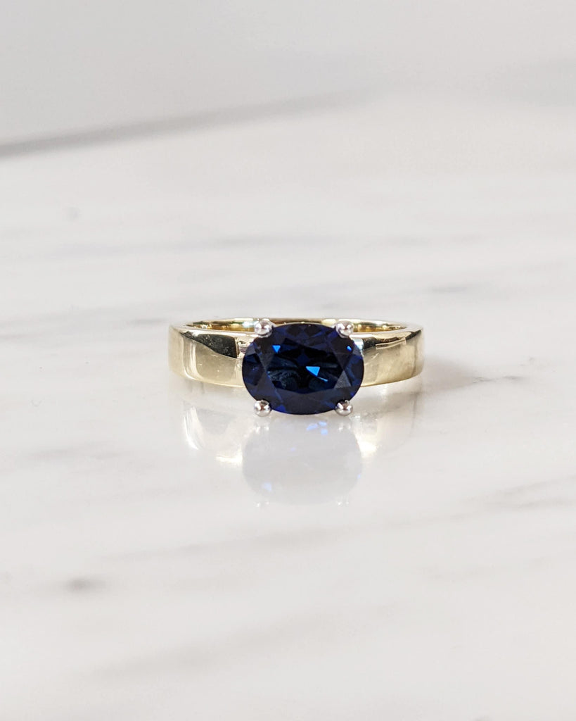 East West Royal Blue Sapphire Ring | Lab Sapphire Solitaire Engagement Ring | 14K Gold Ring for Her| Woman Bridal Jewelry