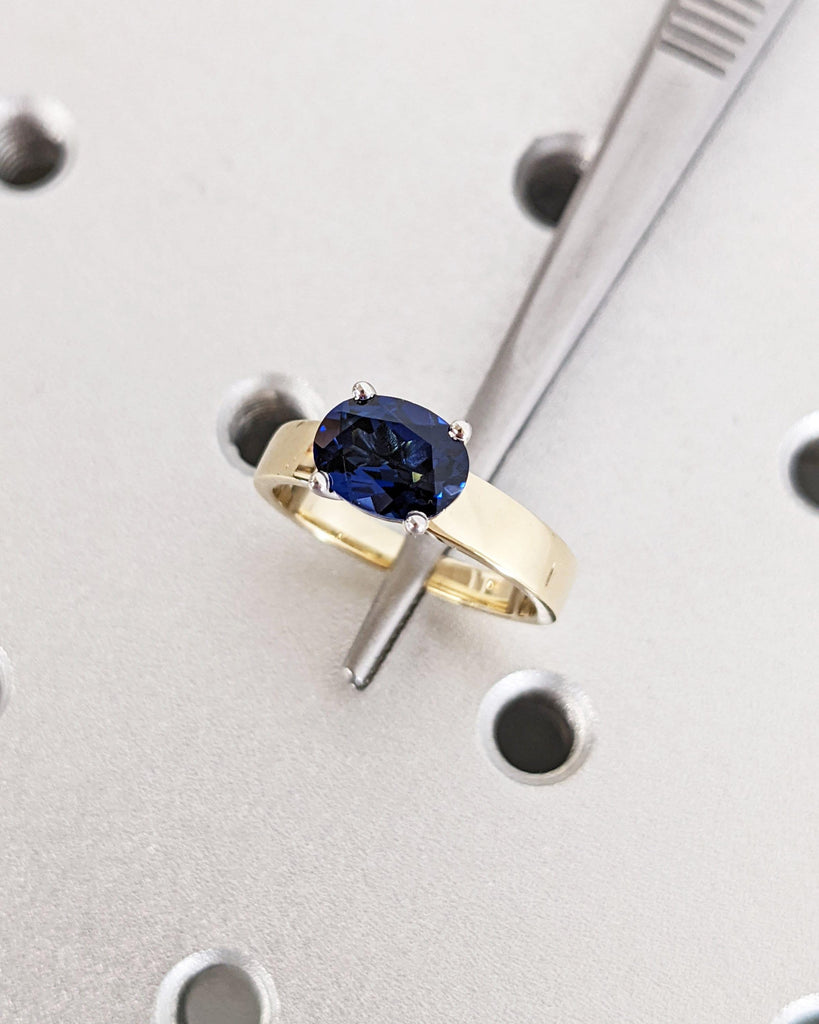 East West Lab Sapphire Engagement Ring | Oval cut Sapphire Promise Ring | Two Tone 14K Gold Ring | White and Yellow Gold Wedding Ring