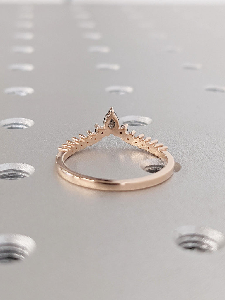 Natural Diamonds Dainty Wedding Ring | 14k Rose Gold Stacking Ring | Chevron Matching Ring | Curve Bridal Ring | Salt and Pepper Diamond