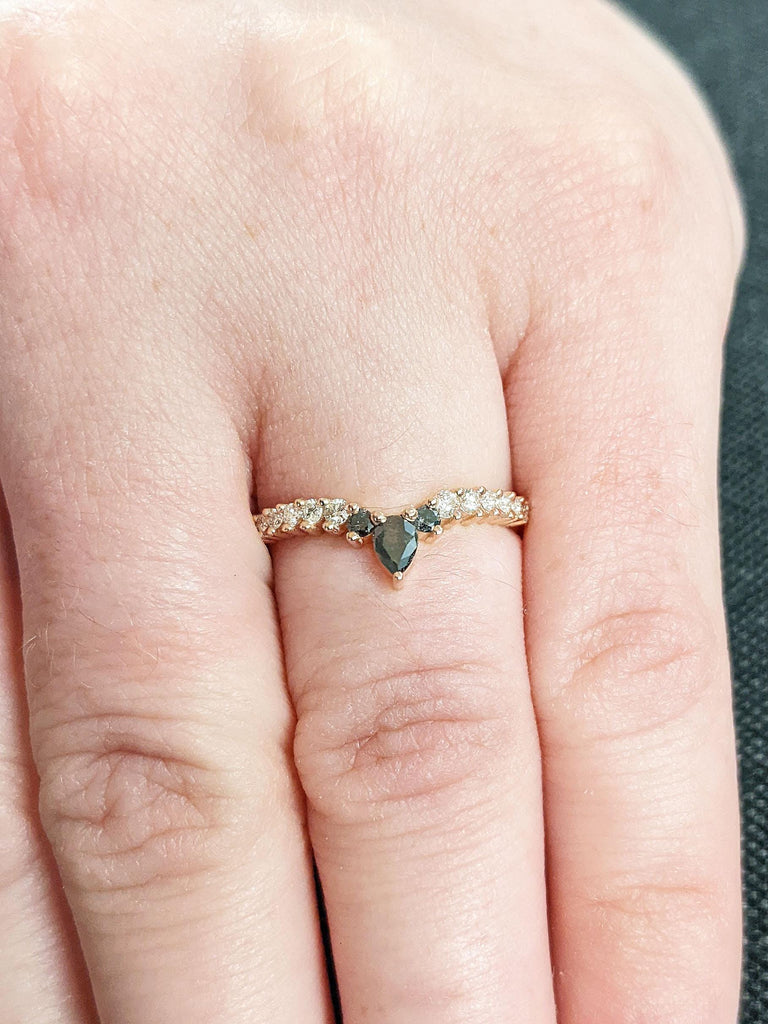 Natural Diamonds Dainty Wedding Ring | 14k Rose Gold Stacking Ring | Chevron Matching Ring | Curve Bridal Ring | Salt and Pepper Diamond