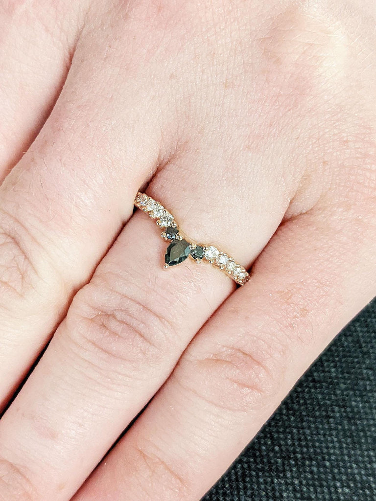 Three Stone Salt and Pepper Black Diamond Wedding Ring | 14k Rose Gold Cluster Ring | Lab Diamond Cluster