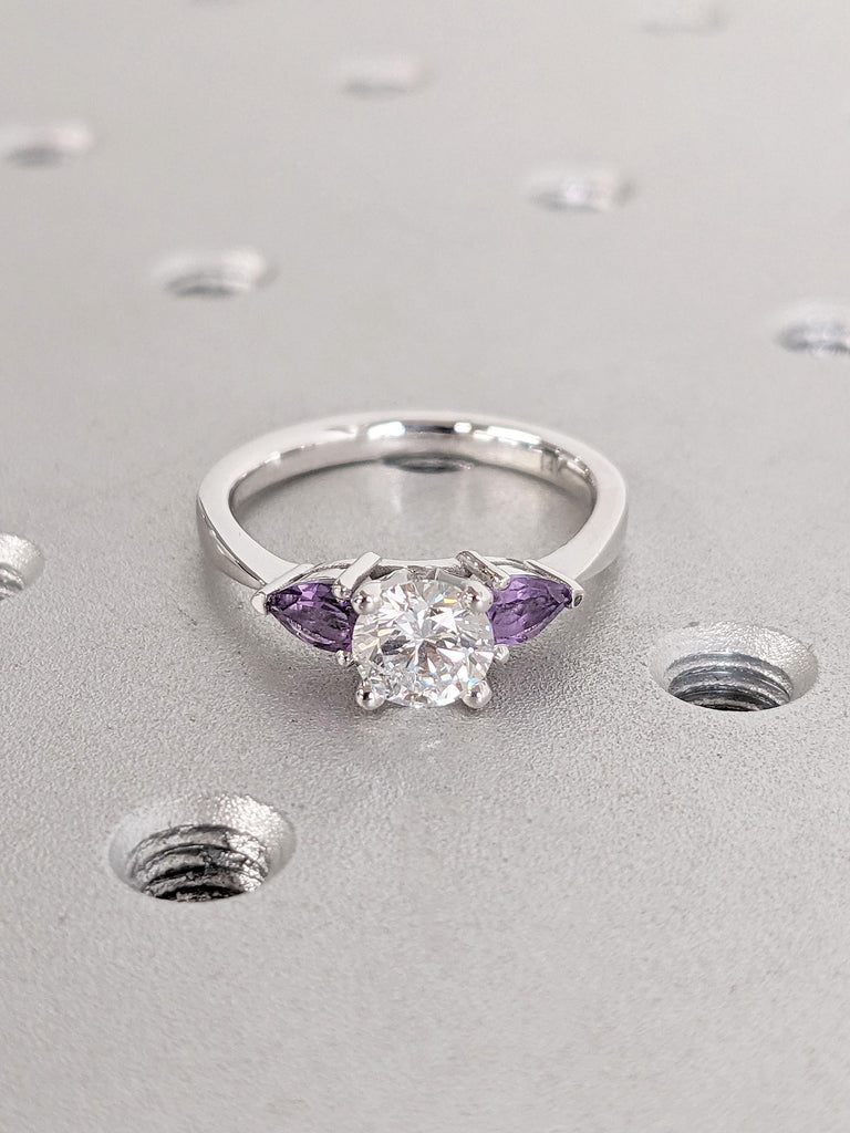 Round Moissanite and Pear cut Amethyst Promise Ring | 14K Gold Moissanite Engagement Ring Tapered Band | Purple Amethyst Ring | Gift for Her