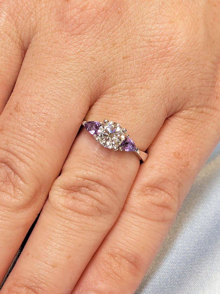 1ct Moissanite and Purple Amethyst 3 Stone Engagement Ring | Solid Gold Tapered Ring | Platinum Woman Wedding Jewelry