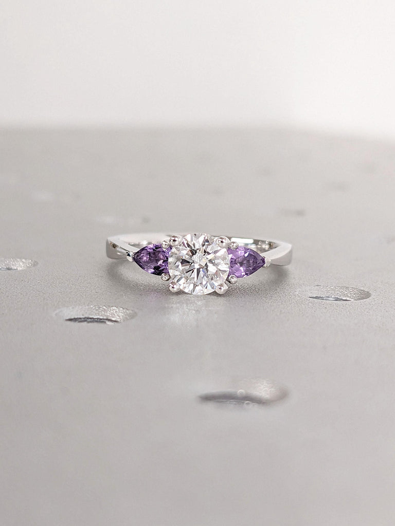 1, 1.5, 2ct Moissanite and Amethyst Engagement Ring | Art Deco Promise Anniversary Ring Round cut | Solid White Gold Ring | Moissanite Ring