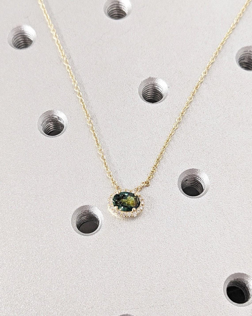 Oval Teal Sapphire Pendant with Halo Diamonds | Classic Sapphire Necklace for Her | Rope Chain Necklace | East West Oval Solitaire Pendant