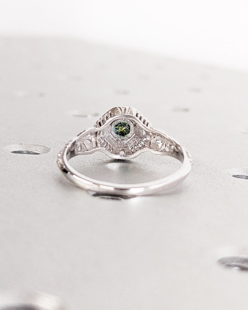 Unique Natural Blue Green Sapphire Engagement Ring | 14k Gold Woman Bridal Ring | Round Sapphire Ring | Floral Ring Inspired White Gold Ring