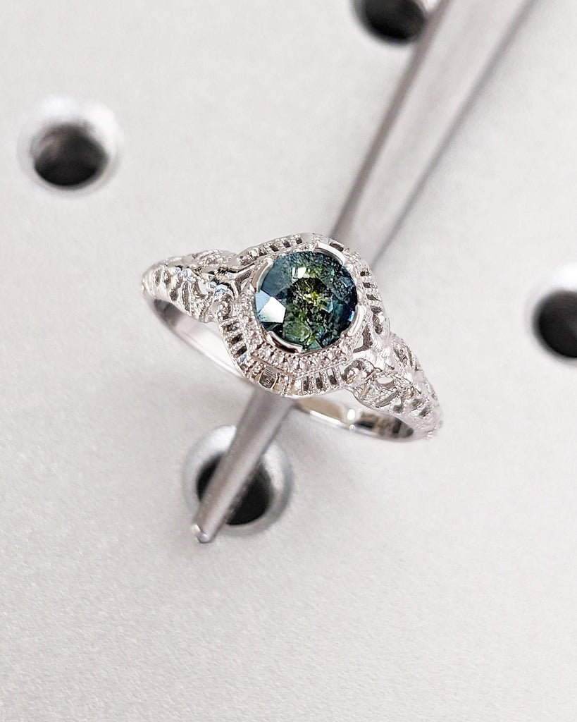 Unique Natural Blue Green Sapphire Engagement Ring | 14k Gold Woman Bridal Ring | Round Sapphire Ring | Floral Ring Inspired White Gold Ring