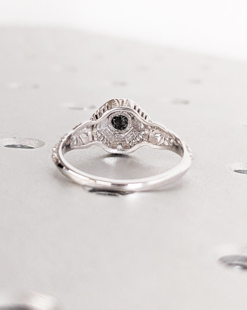 Unique Salt and Pepper Diamond Engagement Ring, 14K White Gold Anniversary Ring, Antique Ring, Filigree Ring, Vintage Ring, Art Deco Ring