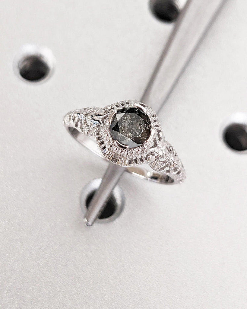 Antique Style Art Nouveau Filigree Ring / Unique Salt and Pepper Diamond Engagement Ring / 14K White Gold Vintage Art Deco Anniversary Ring