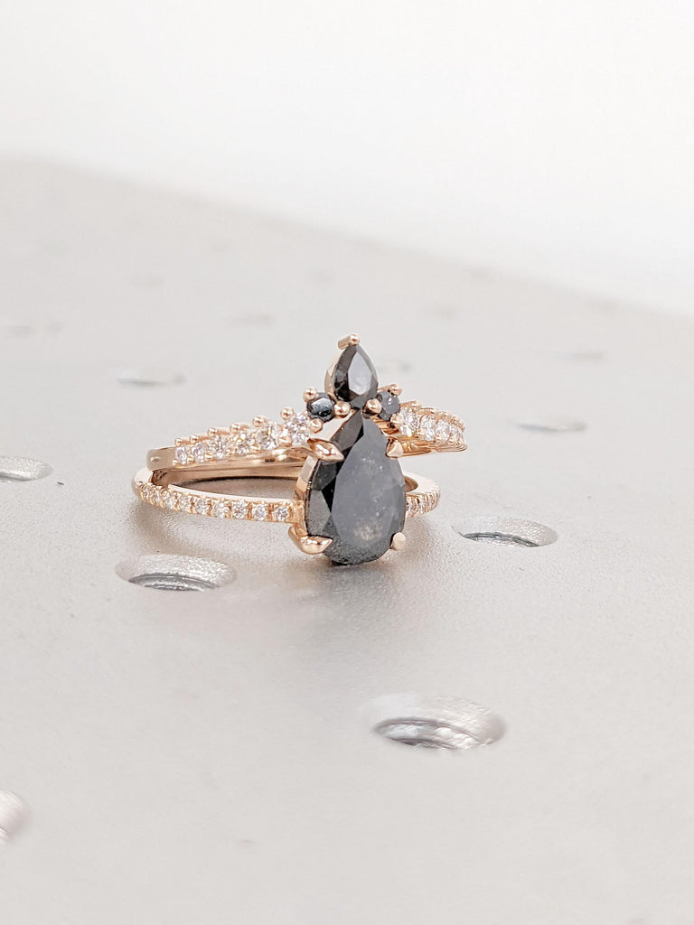 14k Rose Gold Pear cut Black Diamond Engagement Ring Set | Lab Diamond Cluster Ring | Curve Stacking Ring | Salt and Pepper Natural Diamond