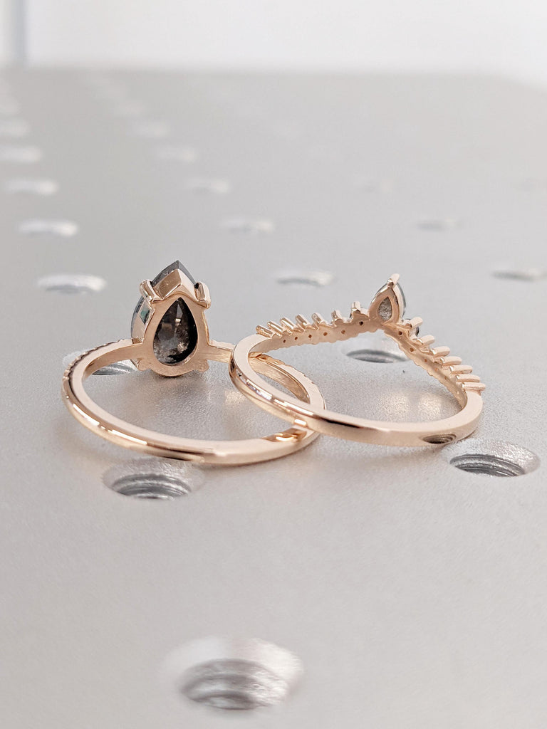 14k Rose Gold Pear cut Black Diamond Engagement Ring Set | Lab Diamond Cluster Ring | Curve Stacking Ring | Salt and Pepper Natural Diamond