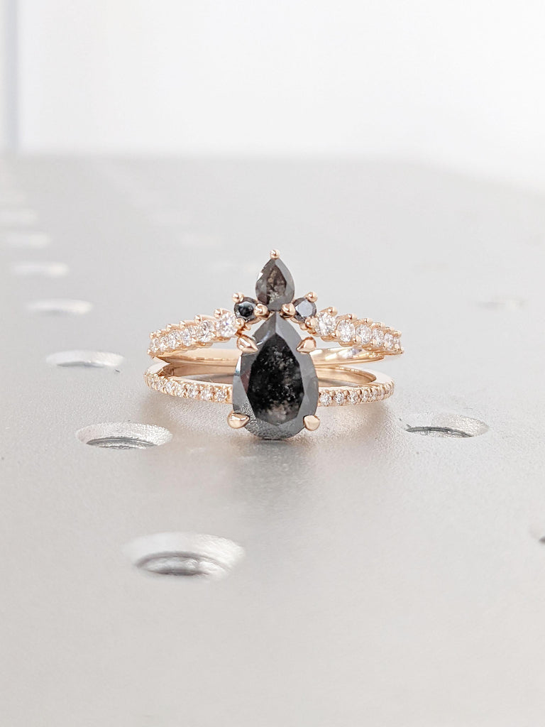 14k Rose Gold Pear cut Black Diamond Engagement Ring Set | Lab Diamond Cluster Ring | Curve Stacking Ring | Salt and Pepper Natural Diamond