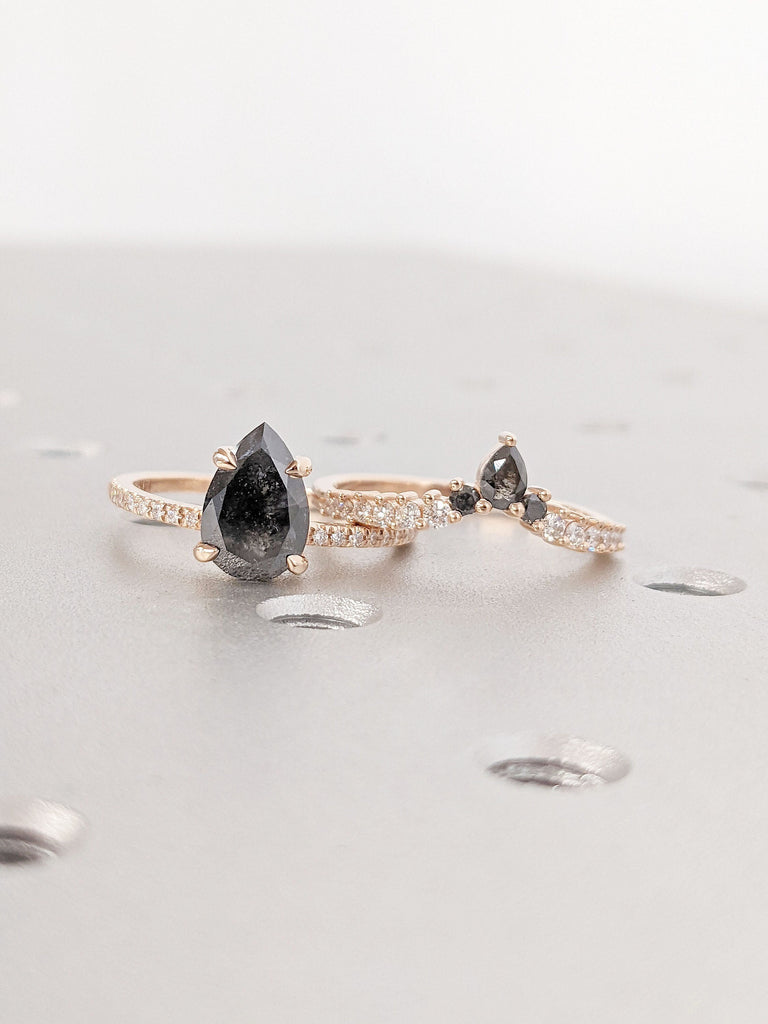 14k Rose Gold Pear cut Black Diamond Engagement Ring Set | Lab Diamond Cluster Ring | Curve Stacking Ring | Salt and Pepper Natural Diamond