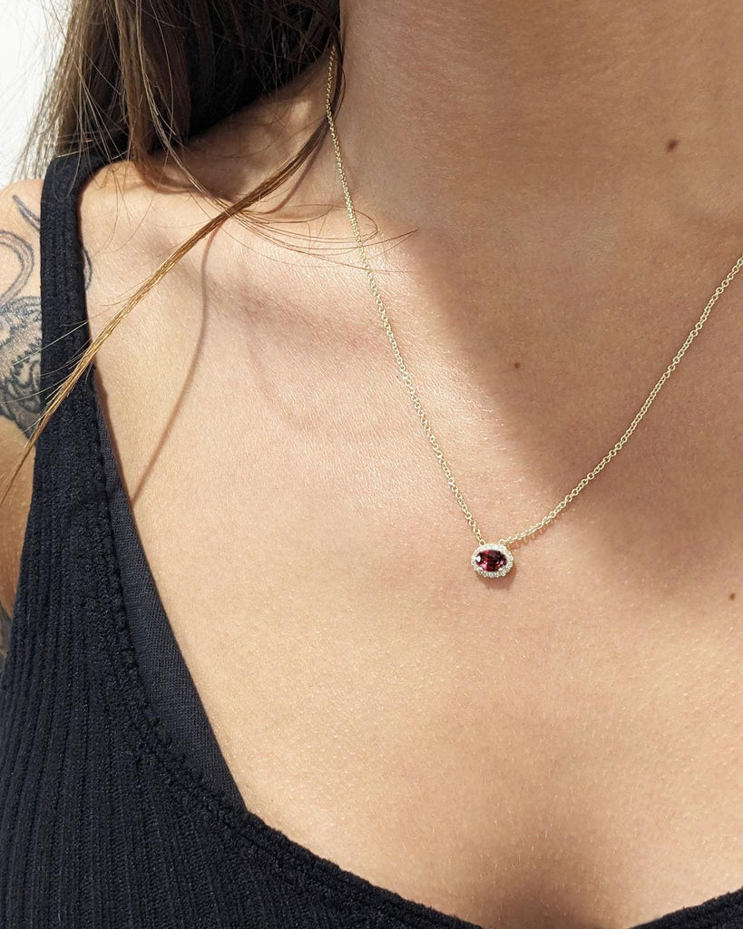 Oval cut Lab Grown Ruby with Lab Diamond Halo Necklace | 14K Yellow Gold Layering Necklace | July Birthstone Gift for Her | Woman Necklace