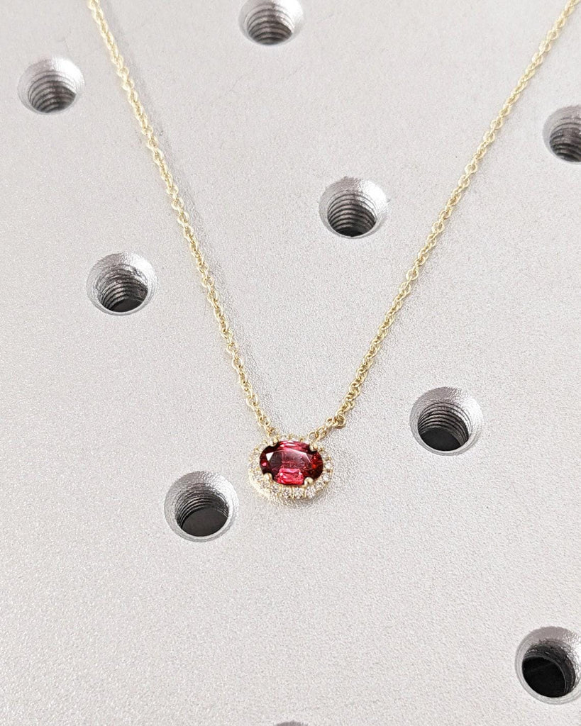 Oval cut Lab Grown Ruby with Lab Diamond Halo Necklace | 14K Yellow Gold Layering Necklace | July Birthstone Gift for Her | Woman Necklace