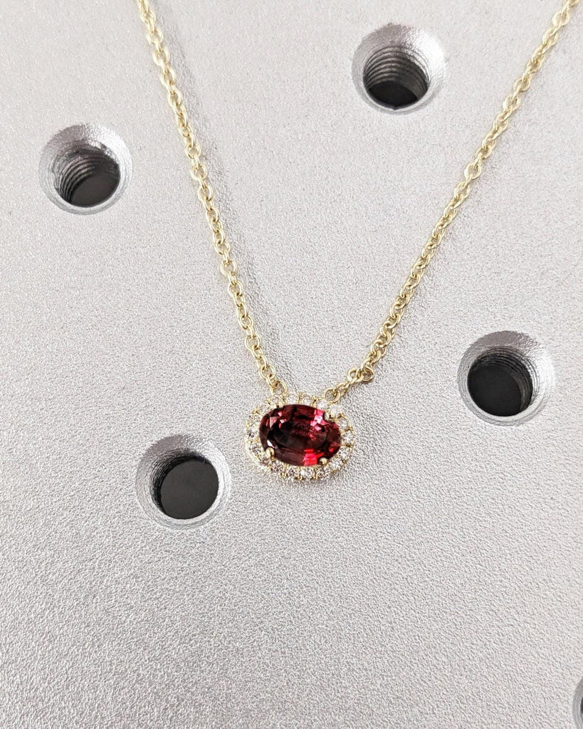 Timeless Red Lab Grown Ruby Pendant with Halo Diamonds | Ruby Necklace for Her | Rope Chain Necklace | East West Oval Solitaire Pendant