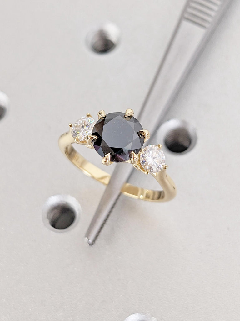 Salt and Pepper Diamond Proposal Ring, Unique Grey Diamond and Moissanite Art Deco Ring, 18k Yellow Gold Polished, Gold Wedding Band for Her