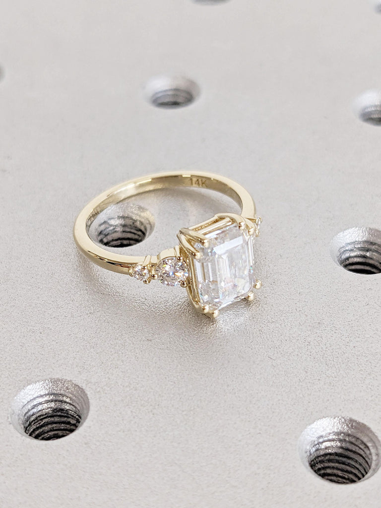 14k Yellow Gold Lab Diamond Proposal Ring | Emerald cut Solitaire Ring | Moissanite Cluster Promise Ring