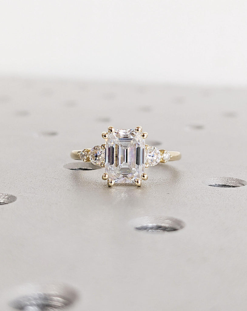 14k Yellow Gold Moissanite Proposal Ring | Emerald cut Solitaire Ring | Lab Diamond Cluster Promise Ring