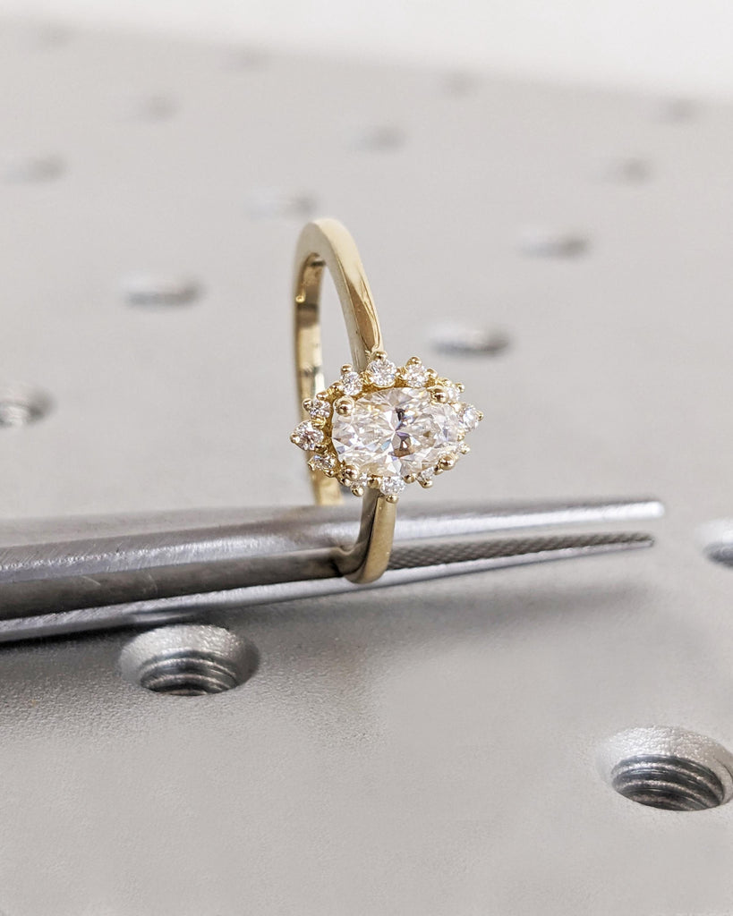 Unique Oval Halo Ring | Lab Created Diamond Solitaire Proposal Ring | Real Yellow Gold Wedding Ring for Wife | Sparkling Diamond Bridal Ring