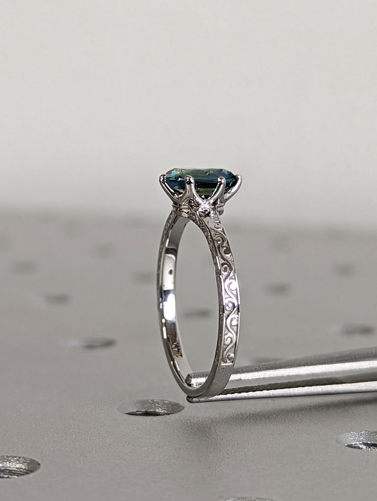 1ct Sapphire Ring | Art Deco Promise Anniversary Ring | Dainty Engagement Ring | Blue Green Gemstone Ring | 14K White Gold Solitaire Ring