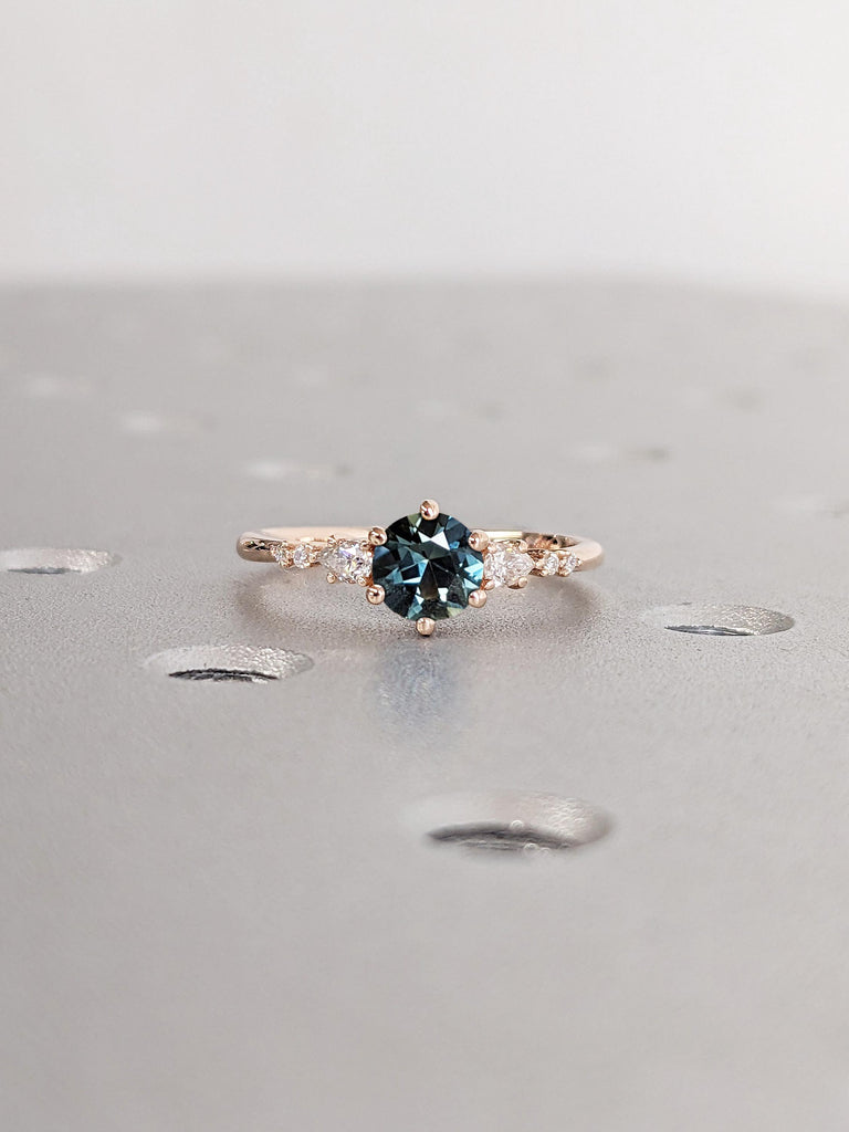 0.5ct Natural Blue Green Sapphire Promise Anniversary Ring for Her | Prong Set Ring | Moissanite Cluster Ring | Solid Rose Gold Engagement Ring