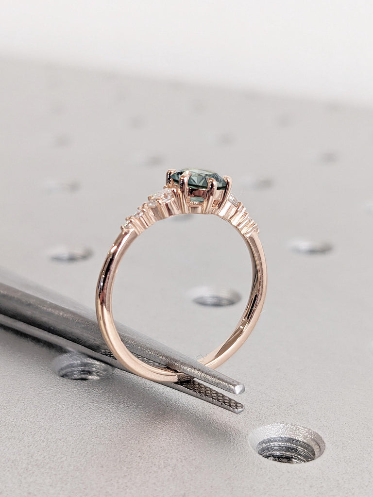 Vintage Round cut Teal Sapphire Engagement Ring | 14k Rose Gold Peacock Sapphire Wedding Ring | Pear Round Diamond Cluster Anniversary Ring