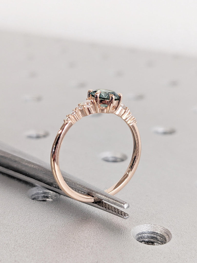 Natural Blue Green Sapphire Promise Anniversary Ring for Her | Prong Set Ring | Moissanite Cluster Ring | Solid Rose Gold Engagement Ring