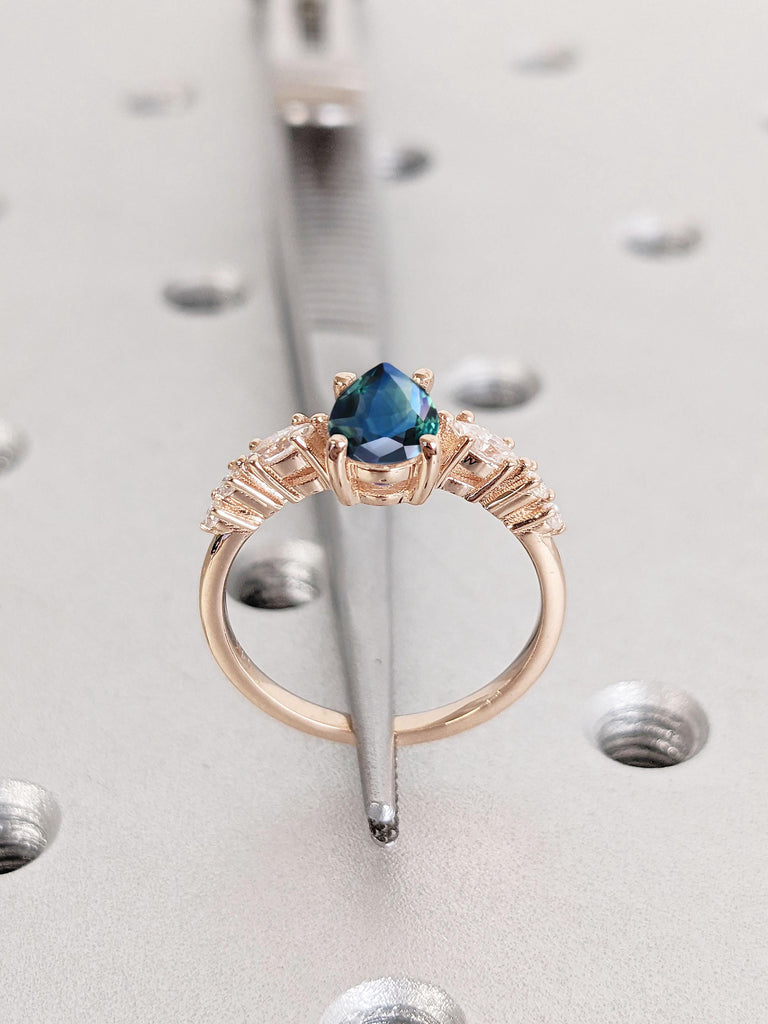 1ct Pear cut Peacock Sapphire Prong Set Wedding Anniversary Ring for Her | Art Deco Diamond Cluster Promise Ring | Vintage 14k Rose Gold Engagement Ring