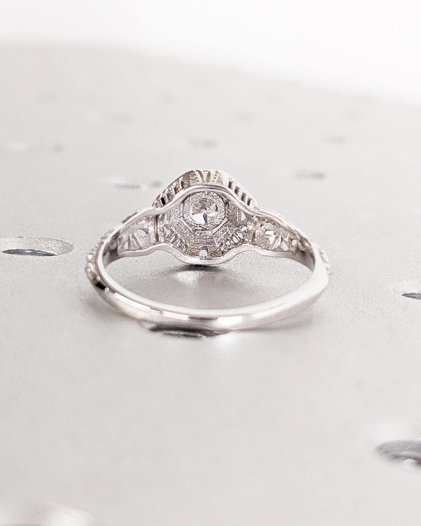 Real White Gold Round Lab Created Diamond Vintage Engagement Ring | VVS Simulant Diamond Promise Ring | Unique Antique Style Filigree Ring