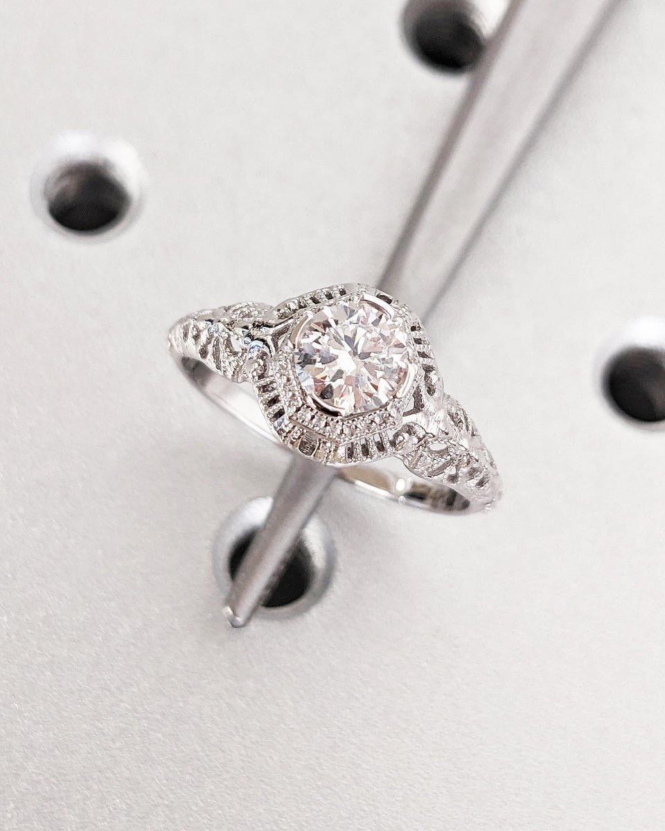Antique Style Art Nouveau Filigree Ring / Unique Lab Diamond Engagemen ...